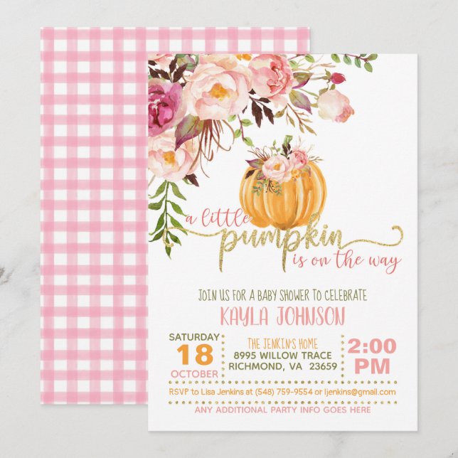 Pumpkin Baby Shower Invitation - Floral Plaid (Front/Back)