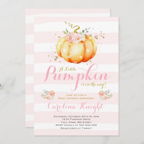 Pumpkin Baby Shower Invitation Pink Gold Pumpkin