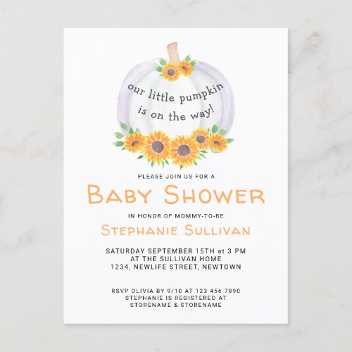 Pumpkin Baby Shower Invitation Postcard