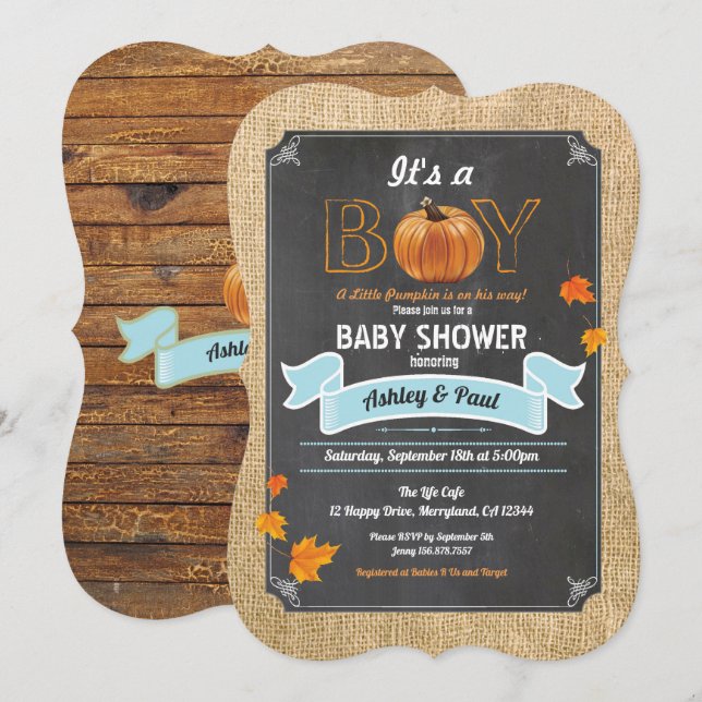 Pumpkin baby shower invitation rustic wood chalk (Front/Back)