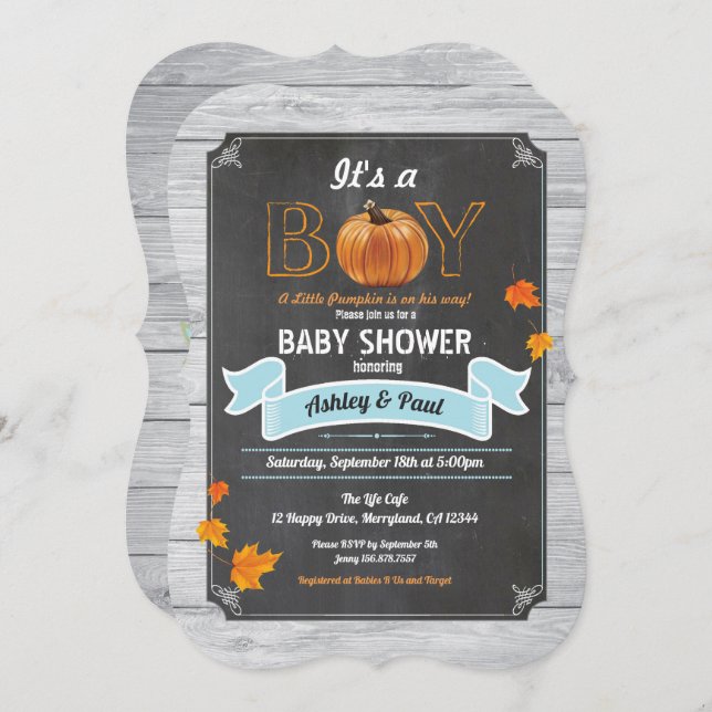 Pumpkin baby shower invitation rustic wood chalk (Front/Back)