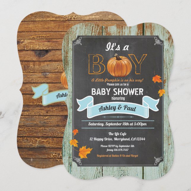 Pumpkin baby shower invitation rustic wood chalk (Front/Back)