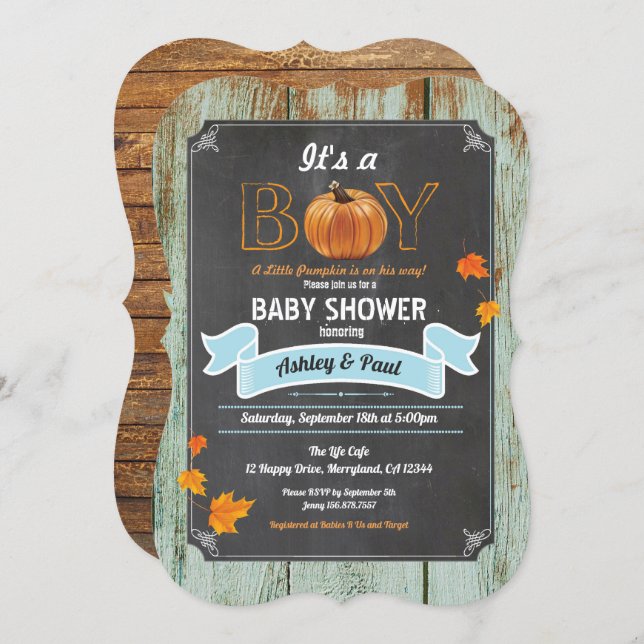 Pumpkin baby shower invitation rustic wood chalk (Front/Back)