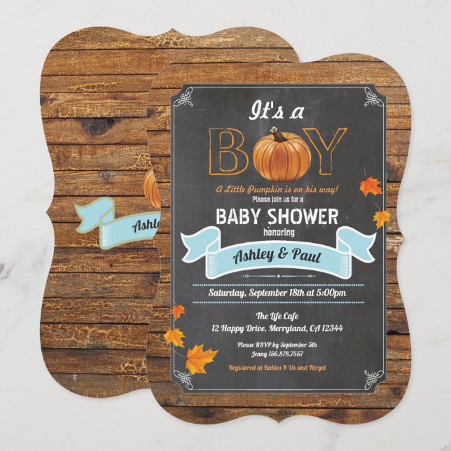 Pumpkin baby shower invitation rustic wood chalk (Front/Back)