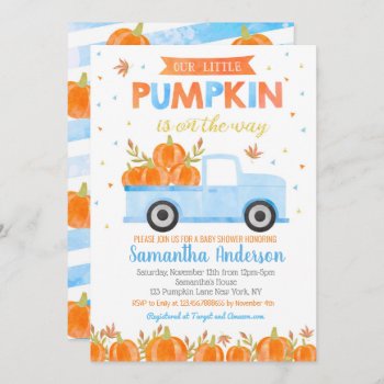 Pumpkin Baby Shower Invitations Blue Truck Boy by SugarPlumPaperie at Zazzle
