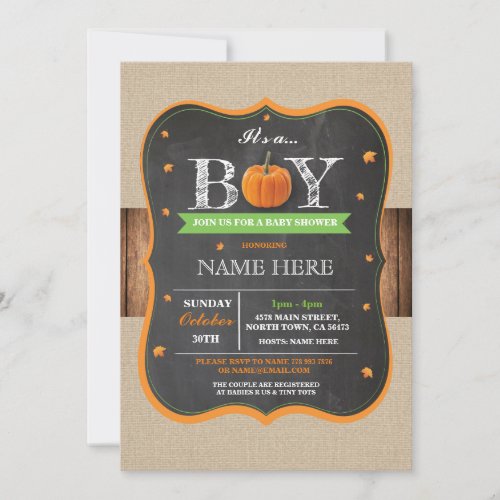 Pumpkin Baby Shower Its a Boy Party rustic Invite