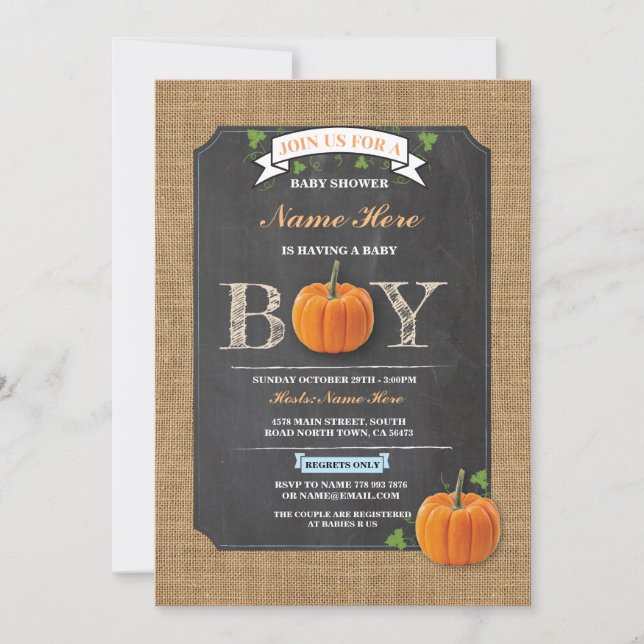 Pumpkin Baby Shower It's a Boy Party rustic Invite (Front)