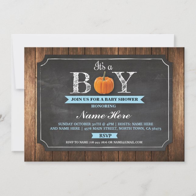 Pumpkin Baby Shower It's a Boy Wood Invitation (Front)