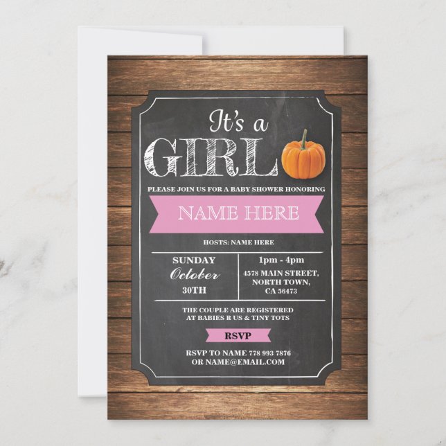 Pumpkin Baby Shower It's a Girl Party Pink Invite (Front)