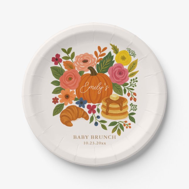 Pumpkin Baby Shower Paper Plate, Fall Floral Plates (Front)