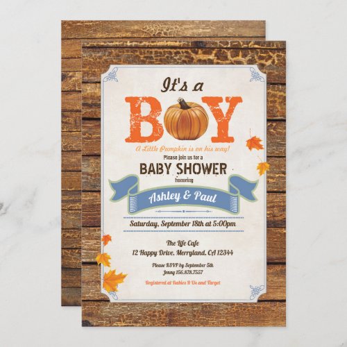 Pumpkin baby shower rustic invitation retro wood