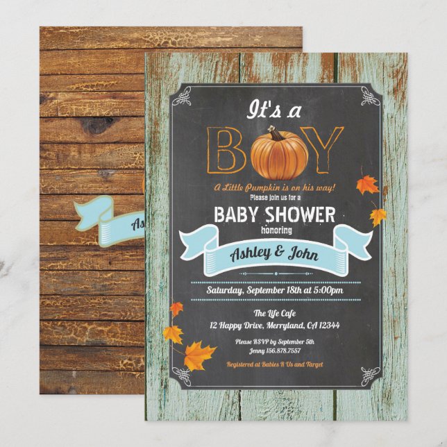 Pumpkin baby shower rustic wood chalkboard invitation (Front/Back)