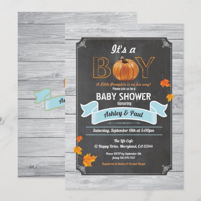 Pumpkin baby shower rustic wood chalkboard invitation (Front/Back)