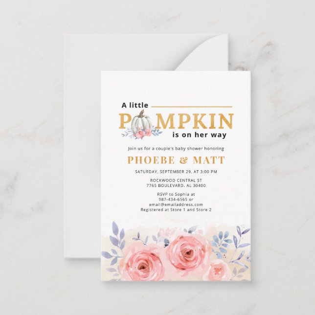 Pumpkin Baby Shower Watercolor Lilac Pink Rose Note Card (Front)