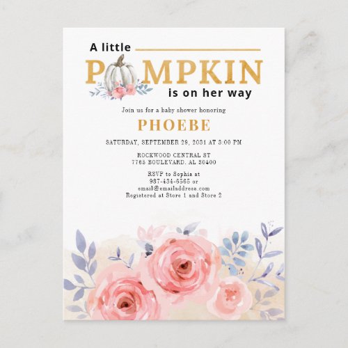 Pumpkin Baby Shower Watercolor Lilac Pink Roses Invitation Postcard