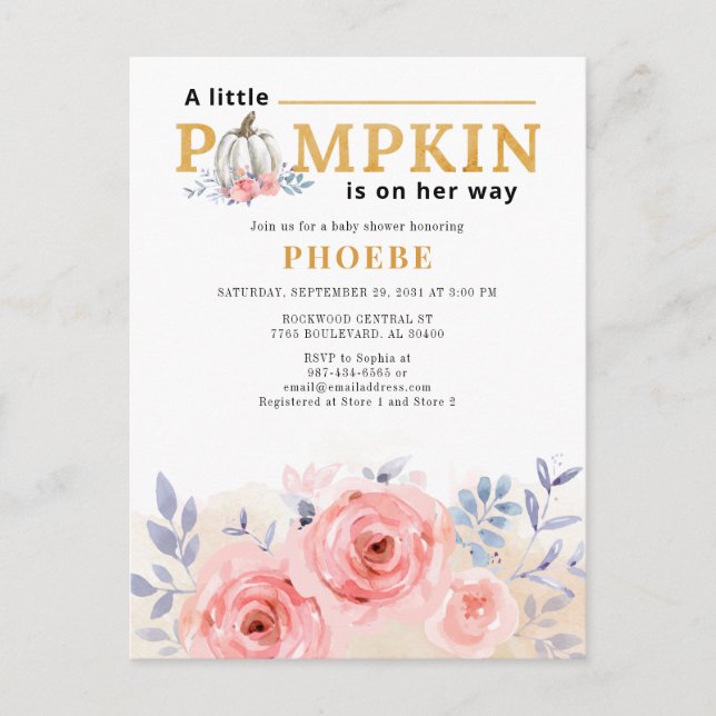Pumpkin Baby Shower Watercolor Lilac Pink Roses Invitation Postcard (Front)