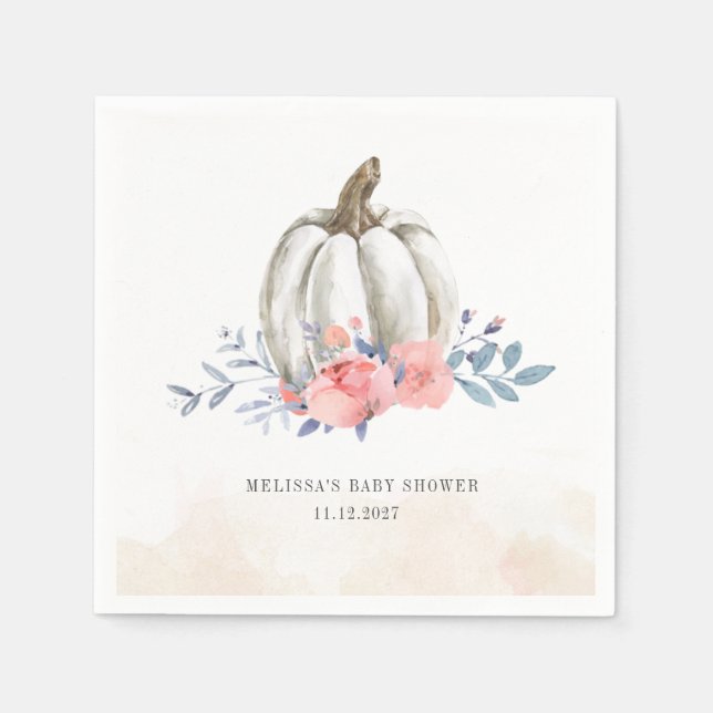 Pumpkin Baby Shower Watercolor Lilac Pink Roses Napkins (Front)