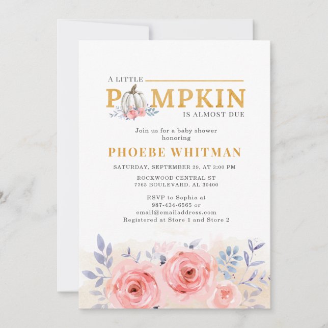 Pumpkin Baby Shower Watercolor Pink Roses Invitation (Front)