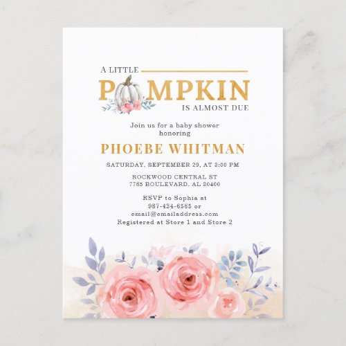 Pumpkin Baby Shower Watercolor Pink Roses Invitation Postcard