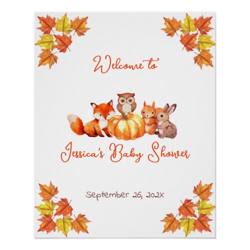 Pumpkin Baby Shower Welcome Fall Leaves  Animals Poster