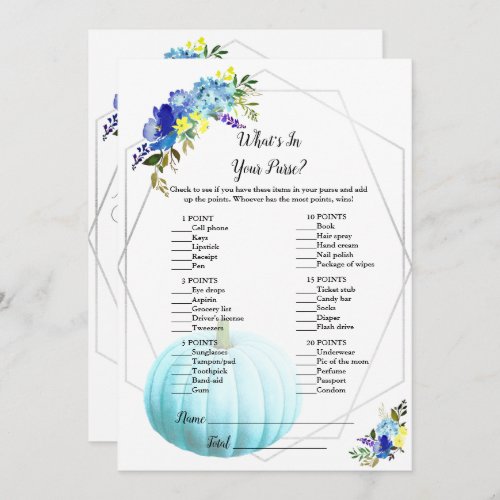 Pumpkin Baby Shower Whats In Your Purse  Blue Invitation