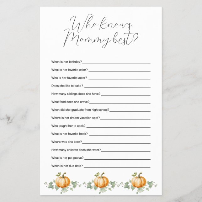 Pumpkin Baby Shower Who Knows Mommy Best Game Flyer (Front)