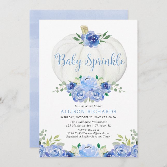 Pumpkin baby sprinkle blue white boy baby shower invitation (Front/Back)