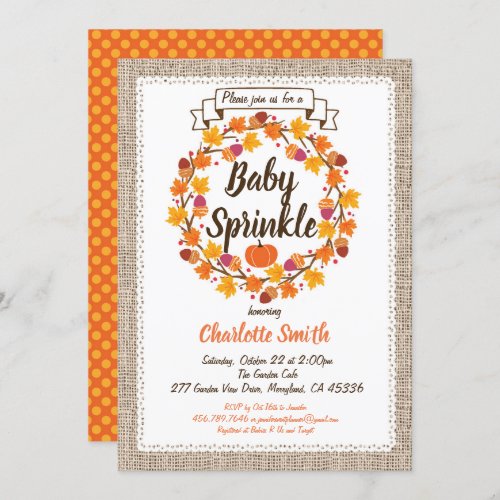 Pumpkin baby sprinkle invitation burlap wreath