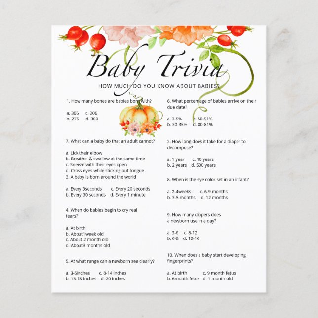 Pumpkin Baby Trivia Baby Shower Game (Front)