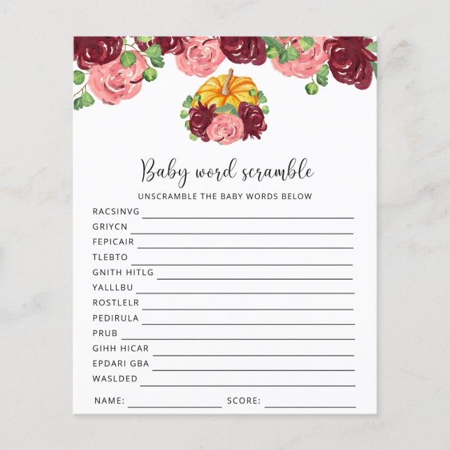 Pumpkin - Baby Word Scramble | Baby Shower Game (Front)