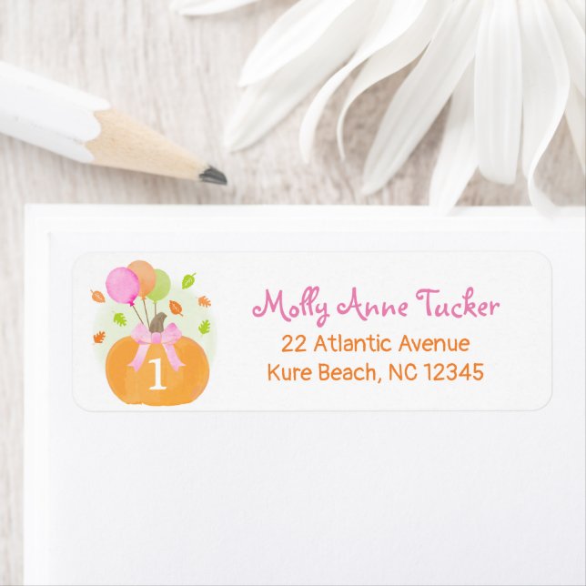 Pumpkin Balloons Fall 1st Birthday Girl Address Label (Insitu)