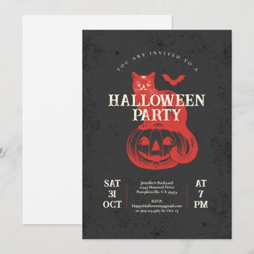 Pumpkin Bat and Cat Black Vintage Halloween Party Invitation