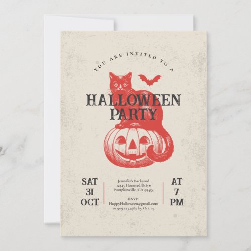 Pumpkin Bat and Cat Orange Vintage Halloween Party Invitation