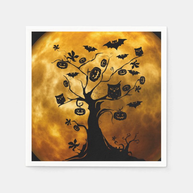 Pumpkin, Bat, and Owl Halloween Paper Napkin (Front)