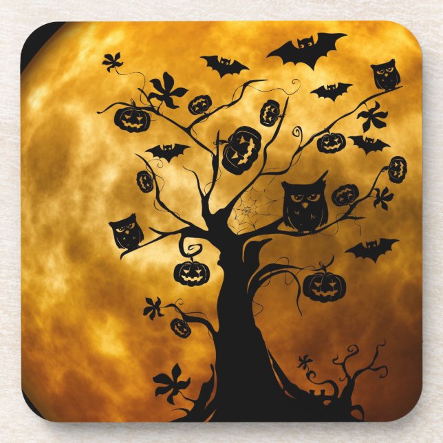 Pumpkin, Bat, Owl, and Orange Moon Beverage Coaster (Front)