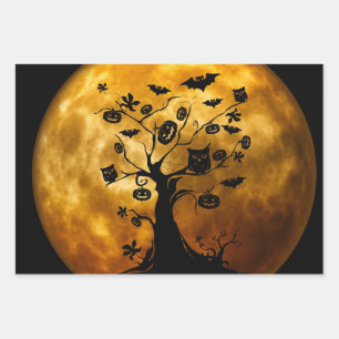 Pumpkin, Bat, Owl, and Orange Moon Wrapping Paper Sheets