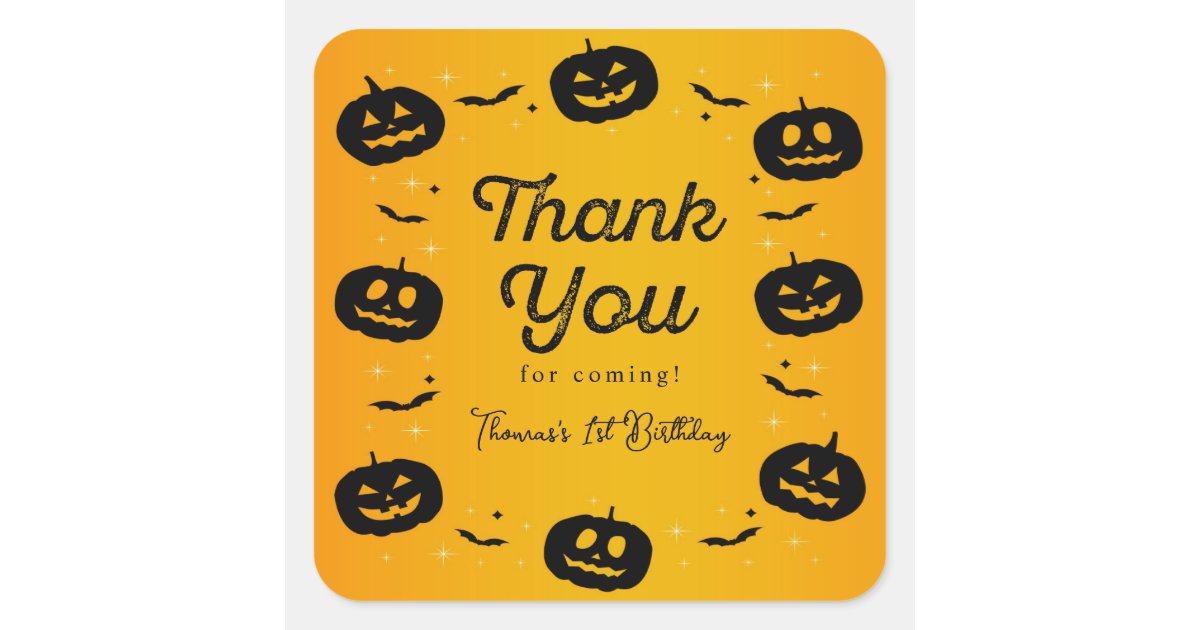 Pumpkin Bats Halloween Birthday Thank You Card Square Sticker | Zazzle
