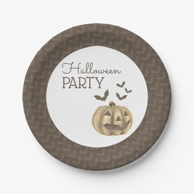 Pumpkin & Bats, Halloween Party Paper Plates (Front)