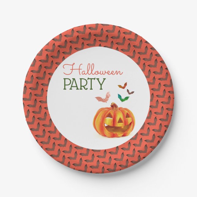 Pumpkin & Bats, Halloween Party Paper Plates (Front)