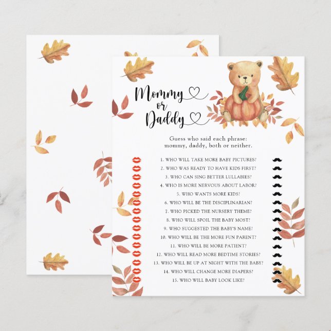 Pumpkin bear - mommy or daddy baby shower game (Front/Back)