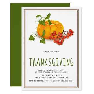 Pumpkin, berries and brown frame Thanksgiving Invitation