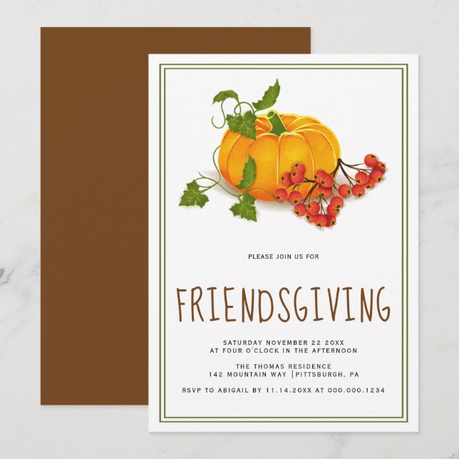 Pumpkin, berries and green frame Friendsgiving Invitation (Front/Back)