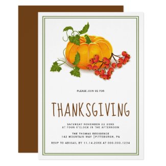 Pumpkin, berries and green frame Thanksgiving Invitation