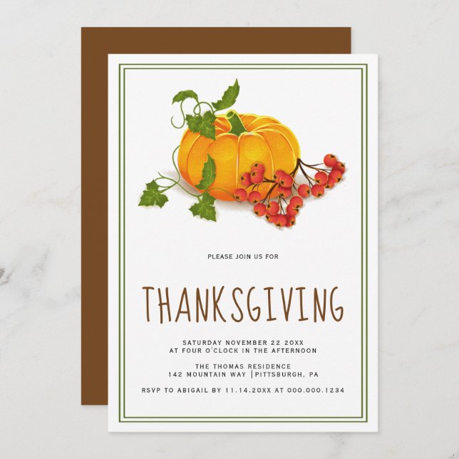 Pumpkin, berries and green frame Thanksgiving Invitation (Front/Back)