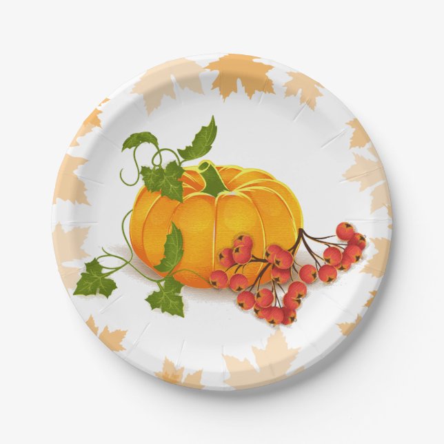 Pumpkin, berries and leaves fall Thanksgiving Paper Plates (Front)