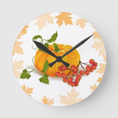 Pumpkin berries and leaves fall Thanksgiving Round Clock