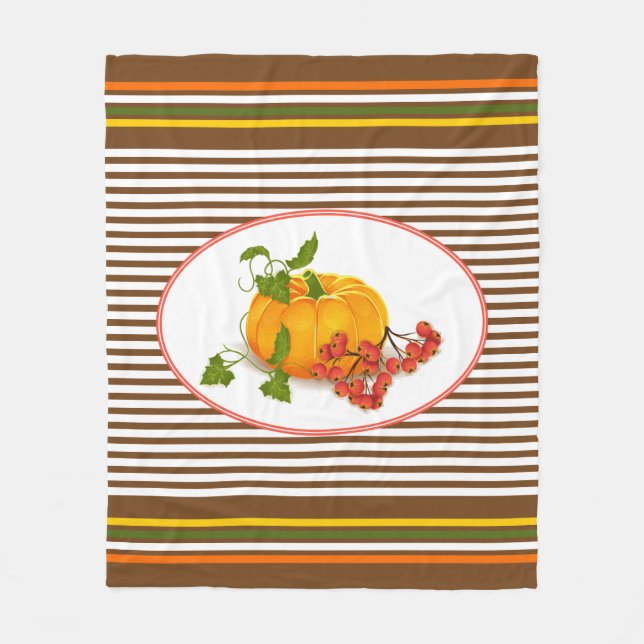 Pumpkin, berries and stripes fall Thanksgiving Fleece Blanket (Front)