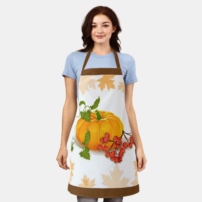 Pumpkin, berries, brown border fall Thanksgiving Apron (Worn)