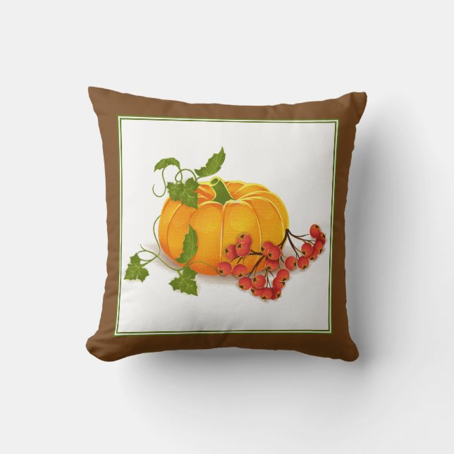 Pumpkin, berries, leaves brown fall Thanksgiving Throw Pillow (Front)
