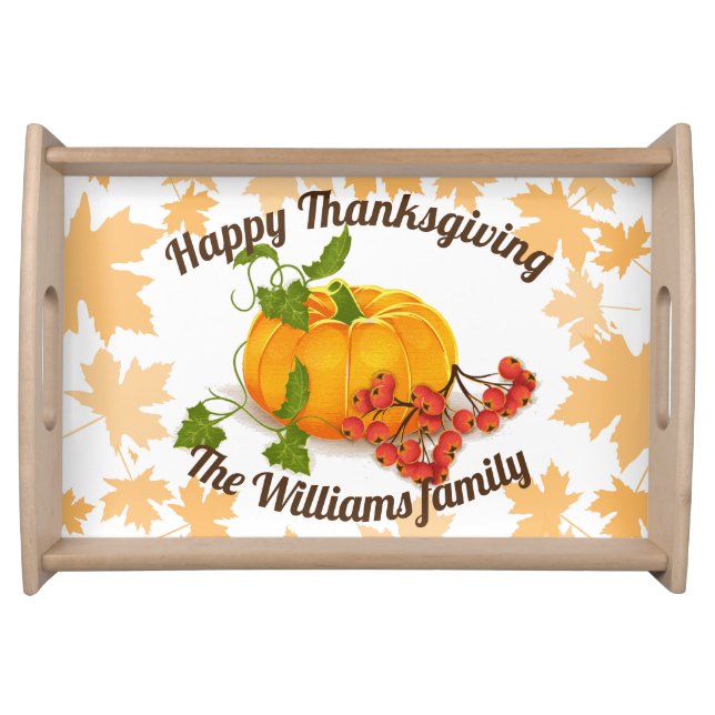 Pumpkin berries, leaves fall Happy Thanksgiving Serving Tray (Front)